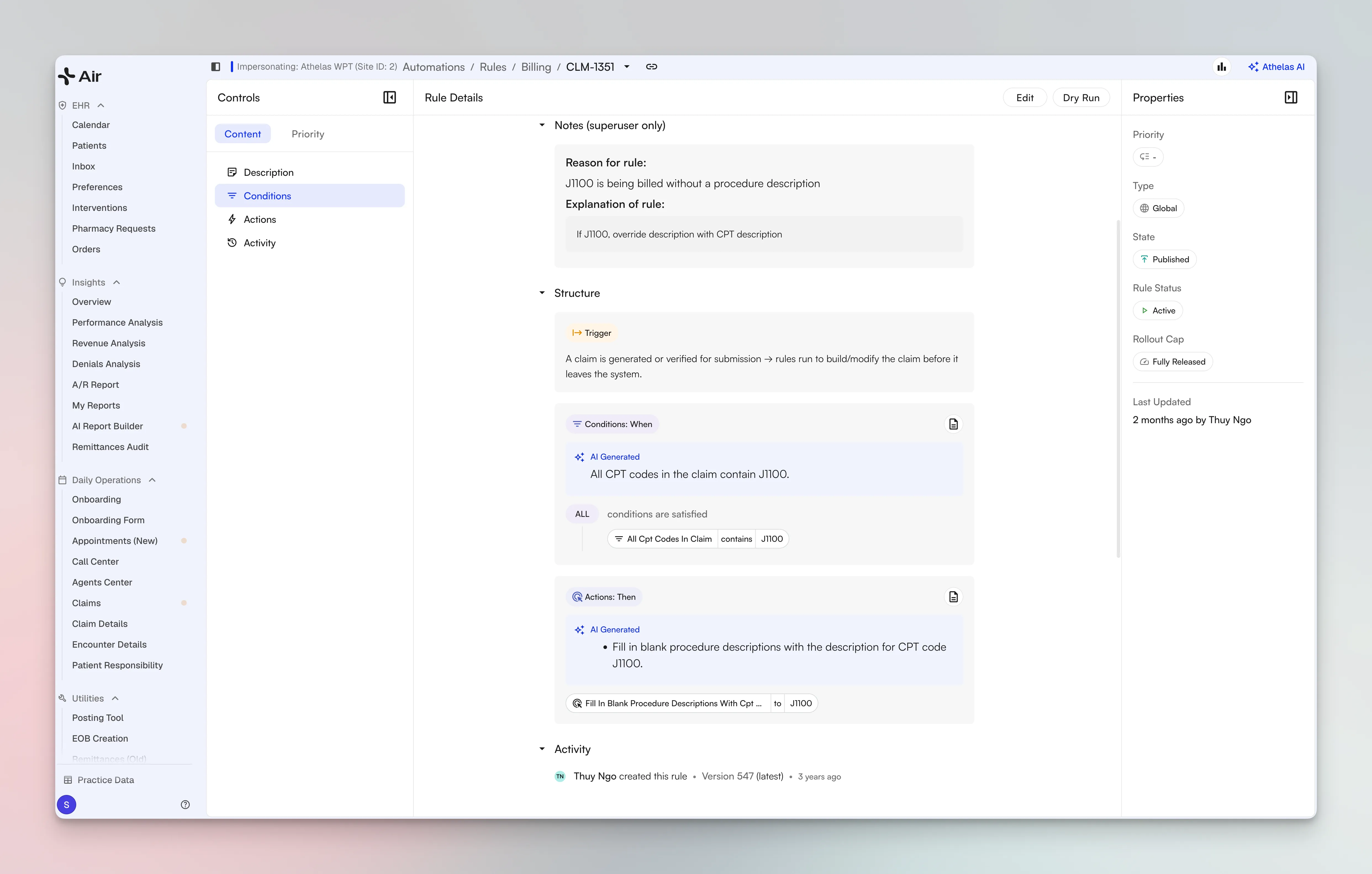 Unified Rules UI rule detail view showing the trigger, conditions, actions, and rollout cap for a billing rule