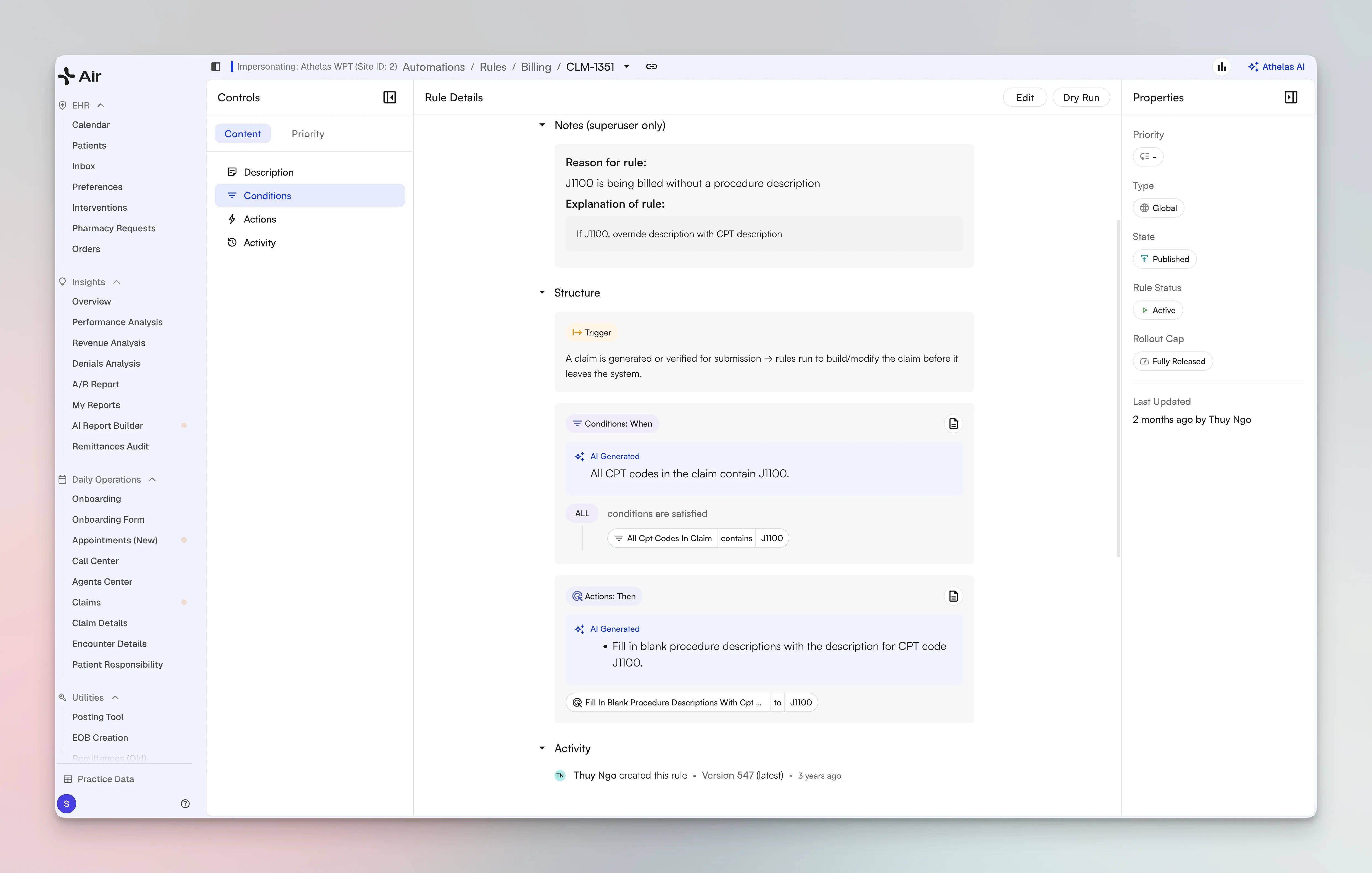 Unified Rules UI rule detail view showing the trigger, conditions, actions, and rollout cap for a billing rule