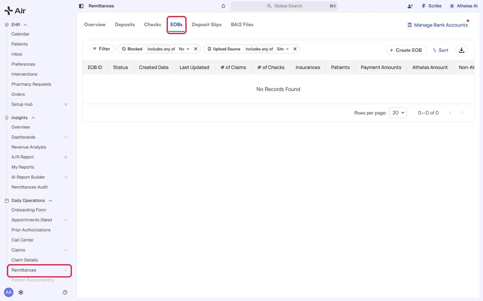 Remittances in the navigation menu and the EOBs tab on the Remittances page