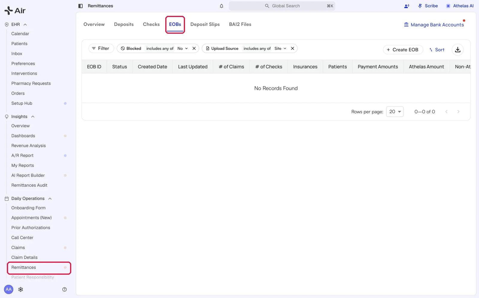 Remittances in the navigation menu and the EOBs tab on the Remittances page