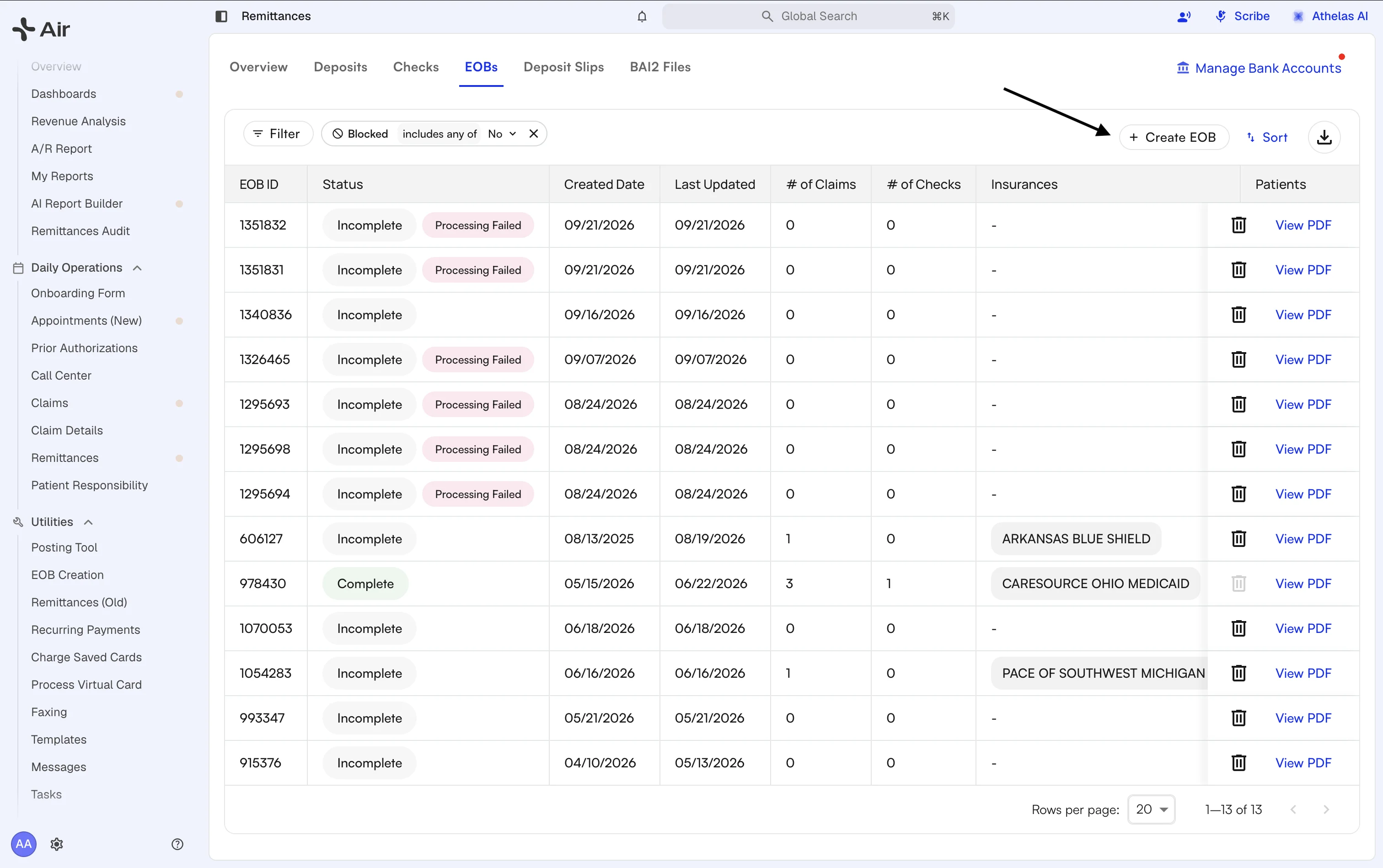 The EOBs tab with an arrow pointing to the Create EOB button