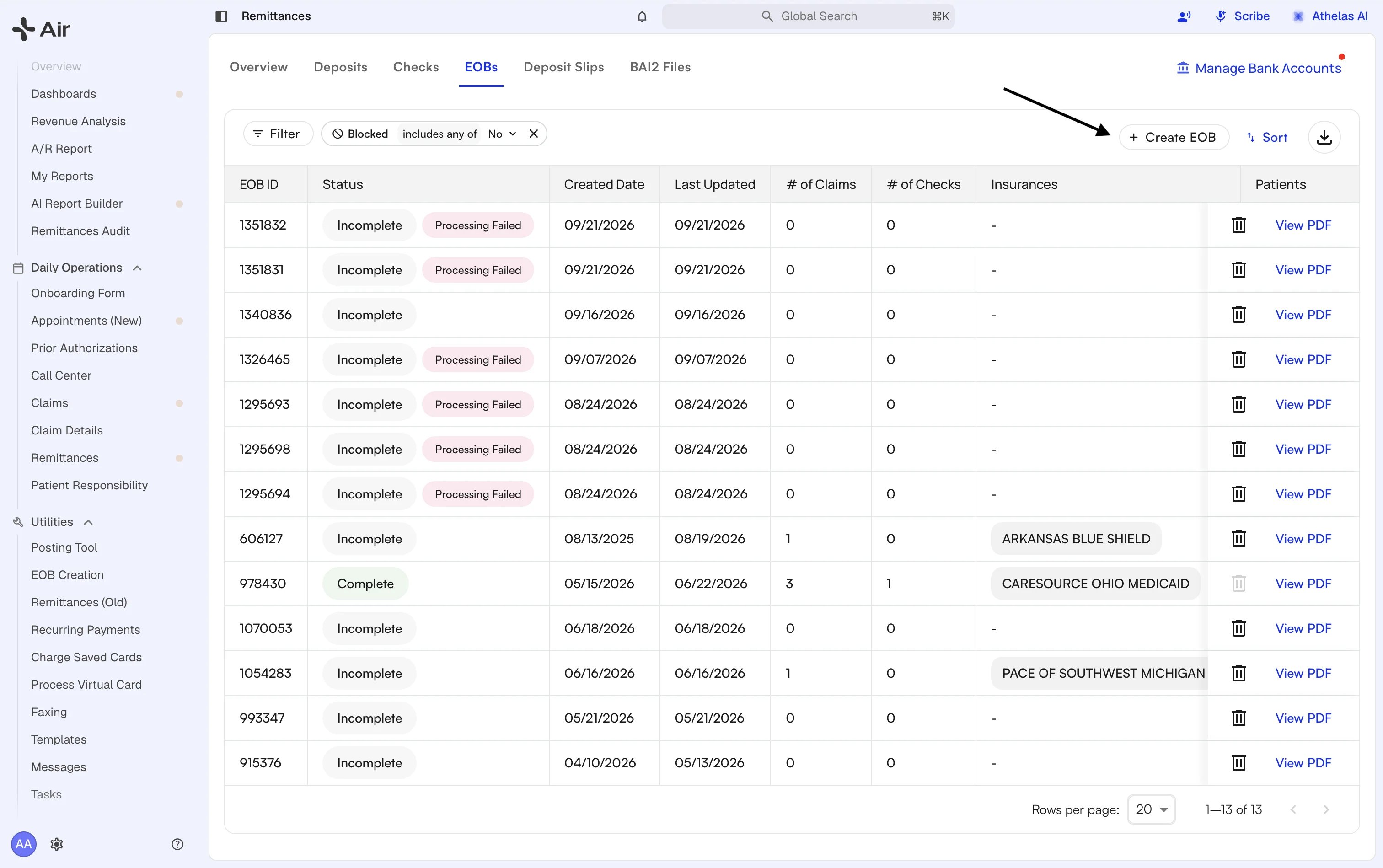 The EOBs tab with an arrow pointing to the Create EOB button