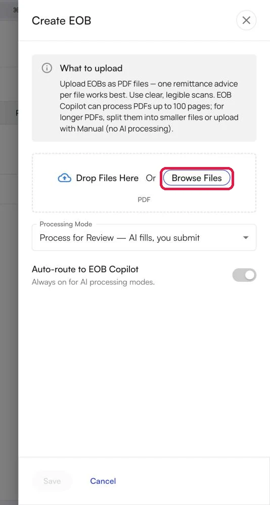 The Create EOB panel with the Browse Files button highlighted