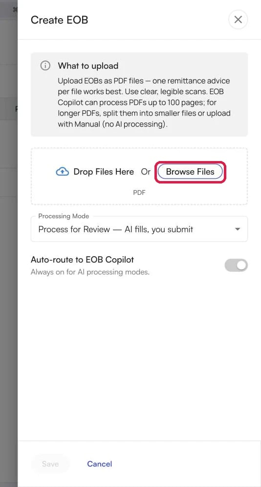 The Create EOB panel with the Browse Files button highlighted
