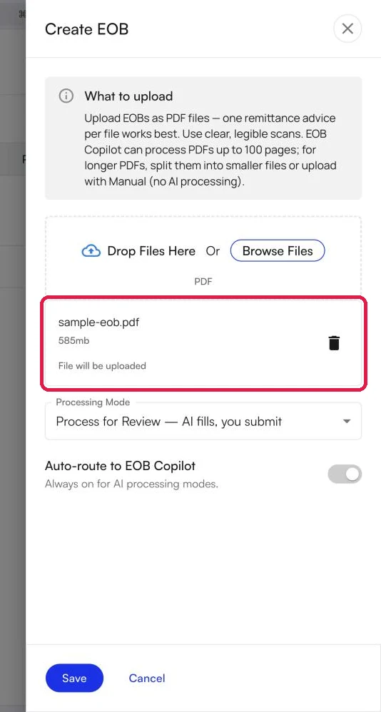 The Create EOB panel with the selected file listed