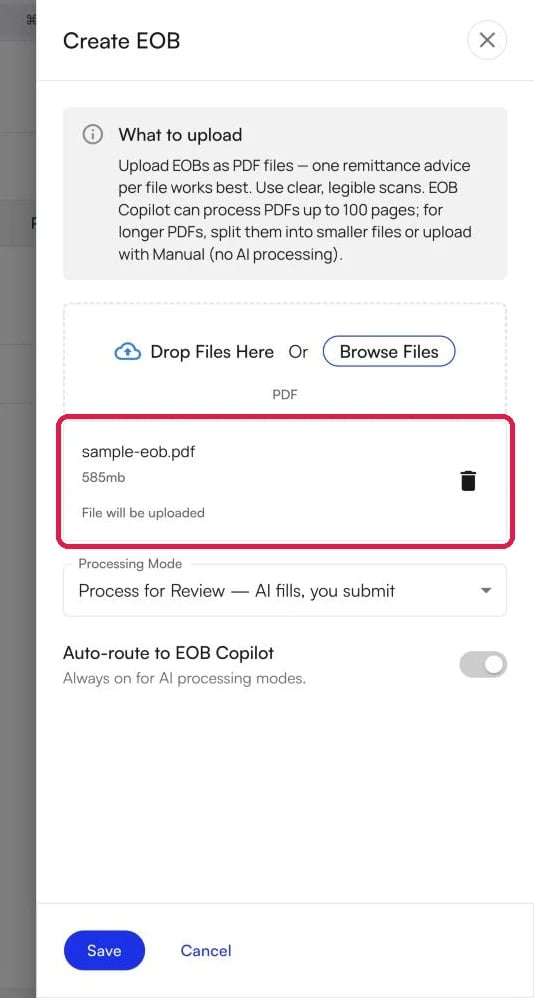 The Create EOB panel with the selected file listed