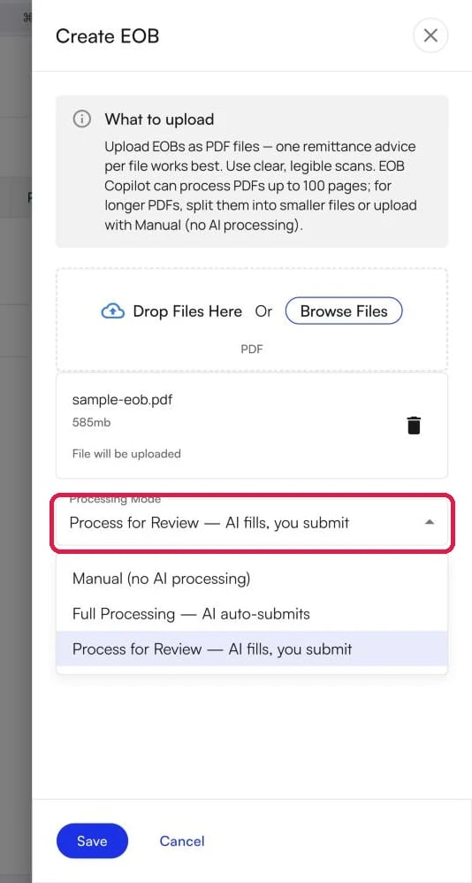 The Create EOB panel with the Processing Mode dropdown open