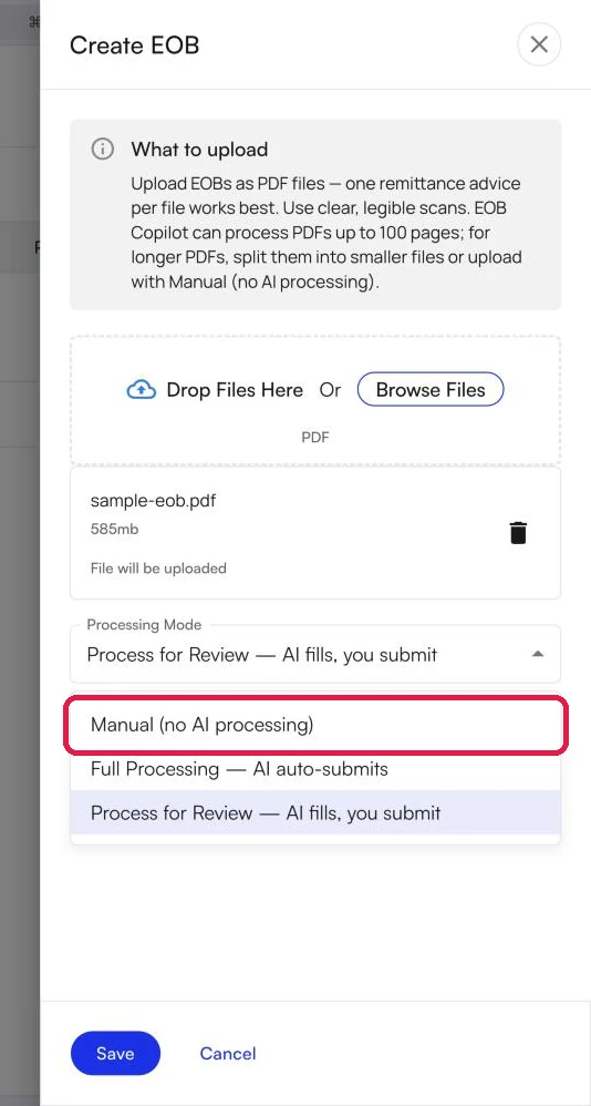 The Processing Mode dropdown with Manual (no AI processing) highlighted