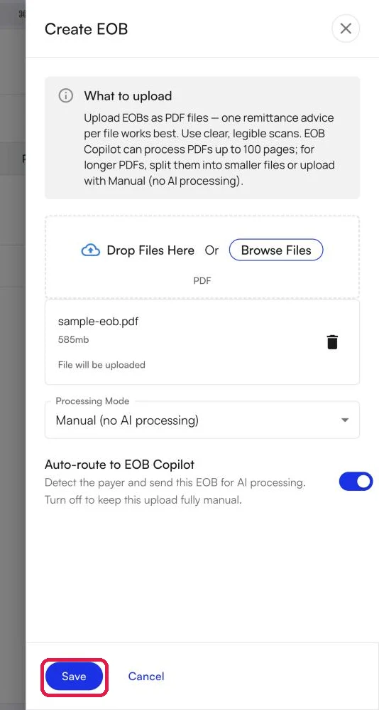 The Create EOB panel with Manual processing mode selected and the Save button highlighted