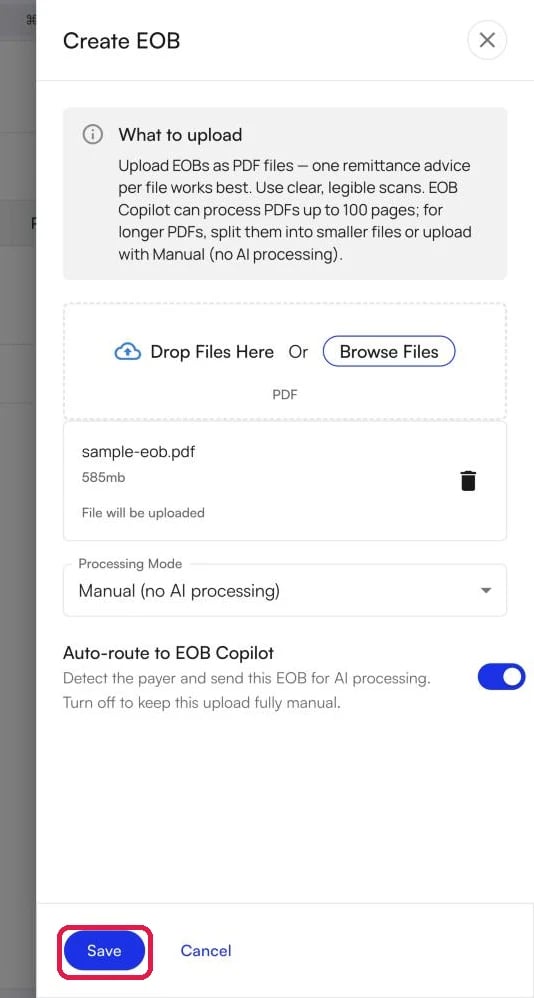 The Create EOB panel with Manual processing mode selected and the Save button highlighted