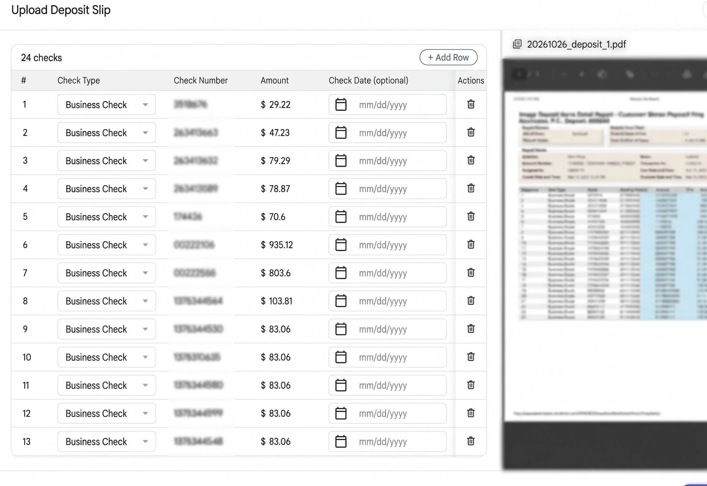 The slip review state showing the editable line items table