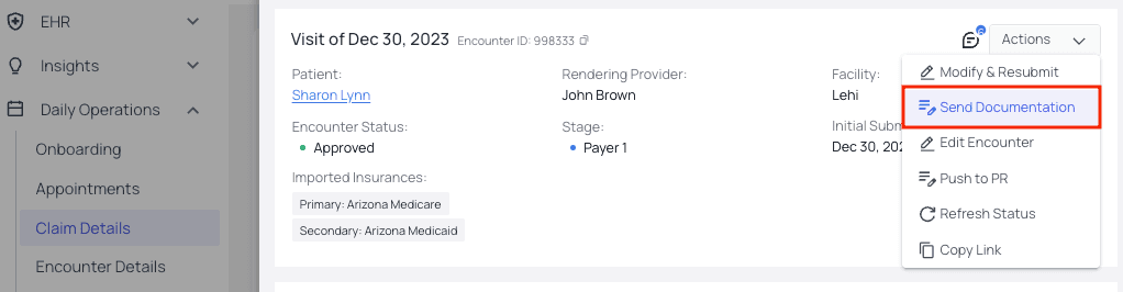 Actions → Send Documentation Selecting Send Documentation from the Actions menu on a claim