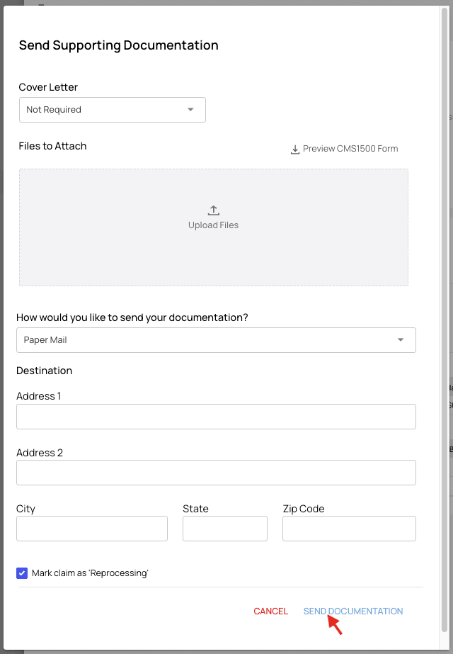 Send Documentation popup The Send Documentation popup with a form and file upload