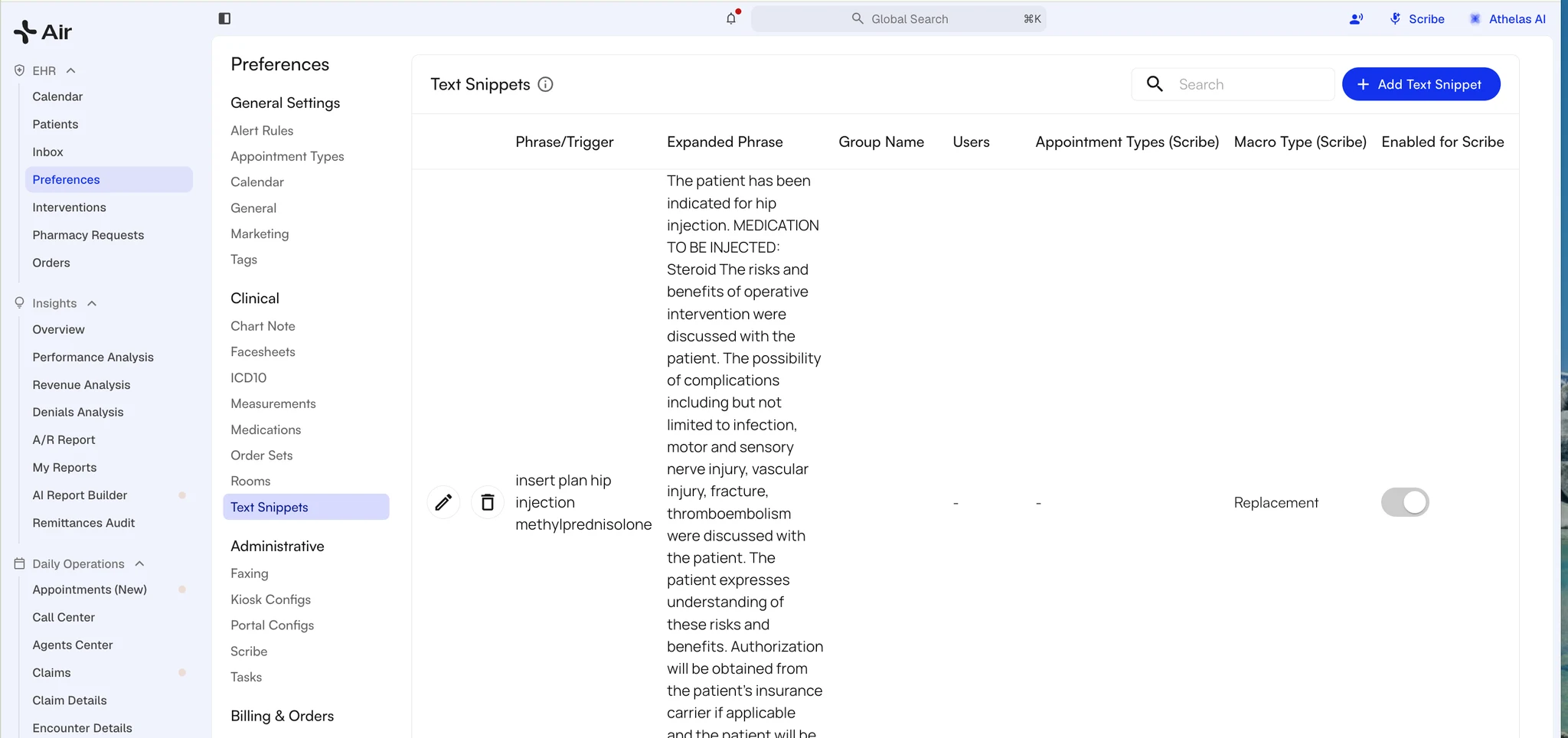 The Text Snippets list in Preferences, showing a hip injection snippet and the Add Text Snippet button