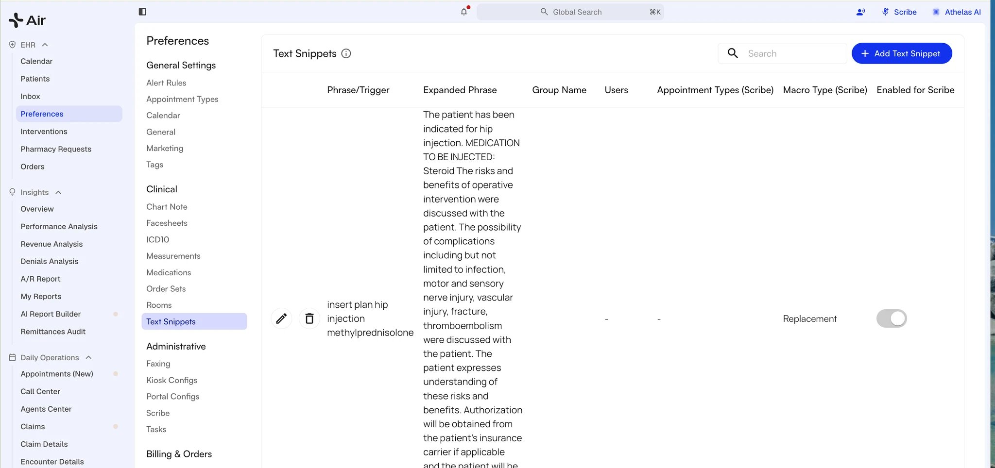 The Text Snippets list in Preferences, showing a hip injection snippet and the Add Text Snippet button