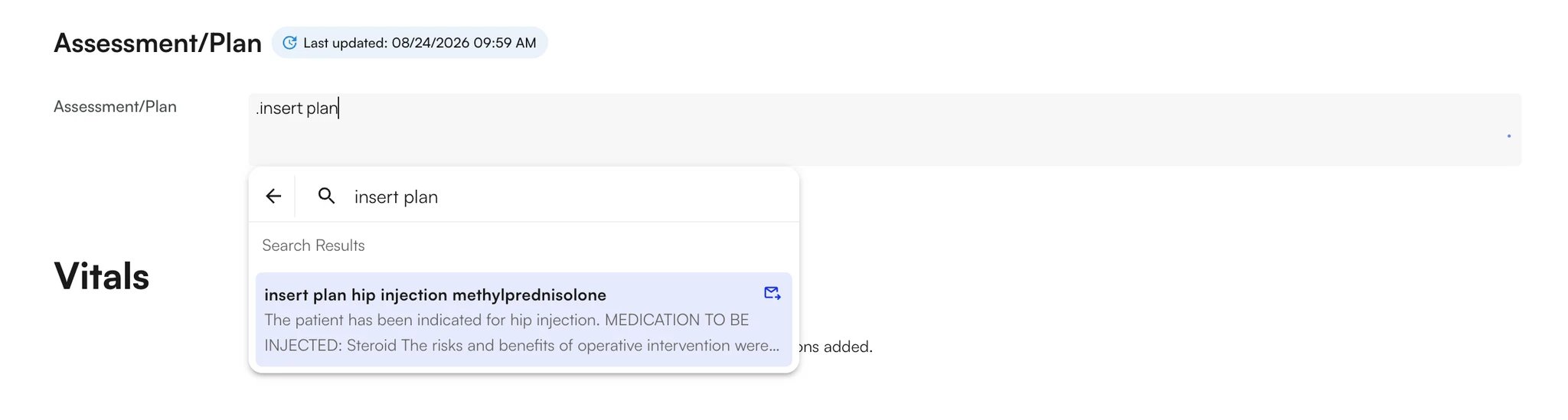 Typing .insert plan in the Assessment/Plan section, with the matching snippet in the search results