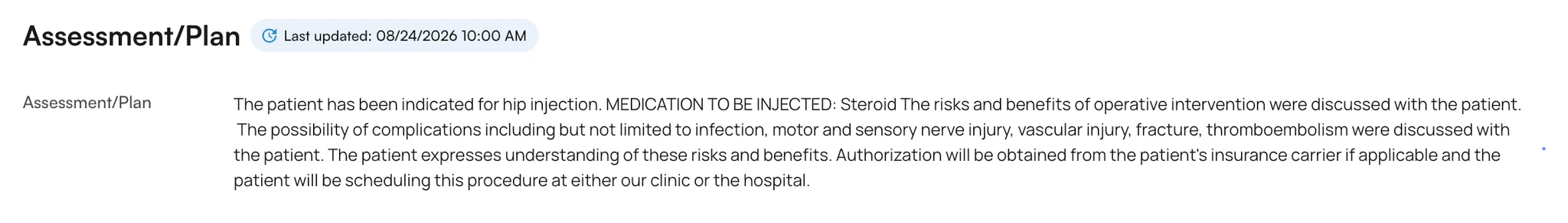 The snippet's procedure documentation in the Assessment/Plan section