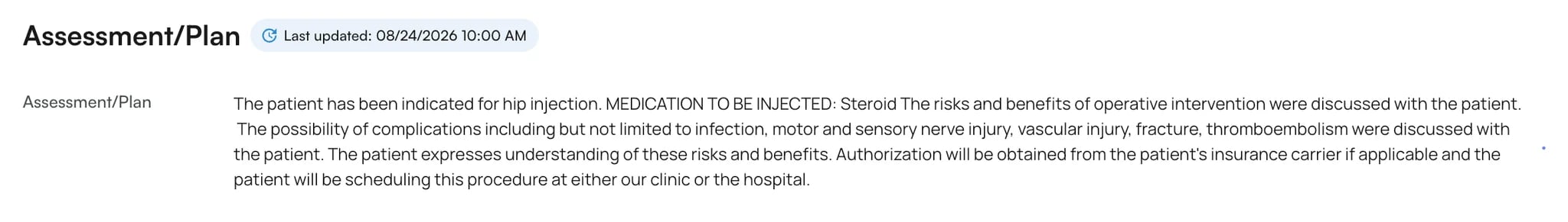 The snippet's procedure documentation in the Assessment/Plan section