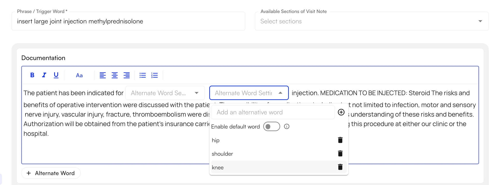 An alternate word dropdown in the Documentation editor, with hip, shoulder, and knee as its options