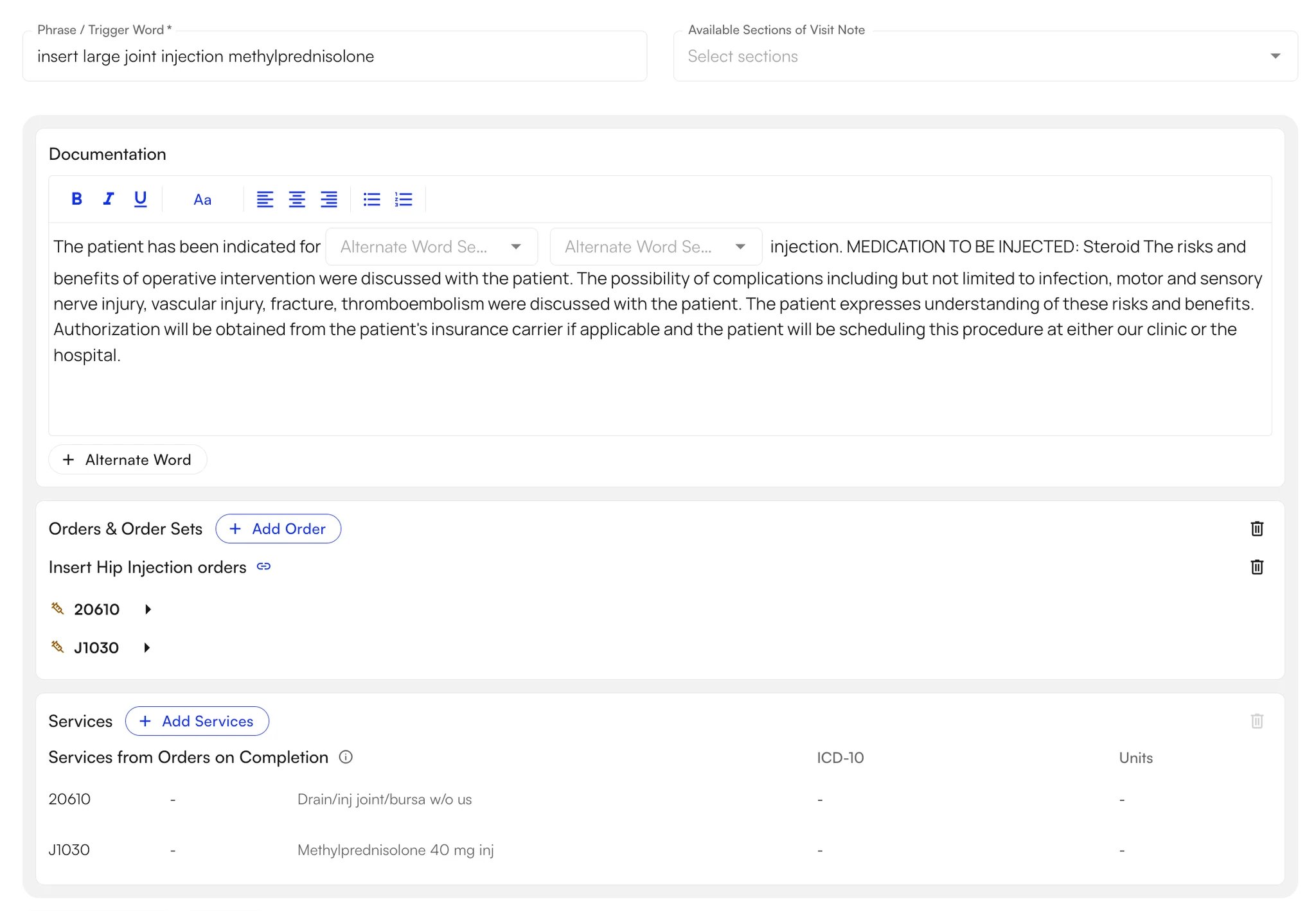 The snippet editor with its documentation, an attached hip injection order set, and the services that come from its orders