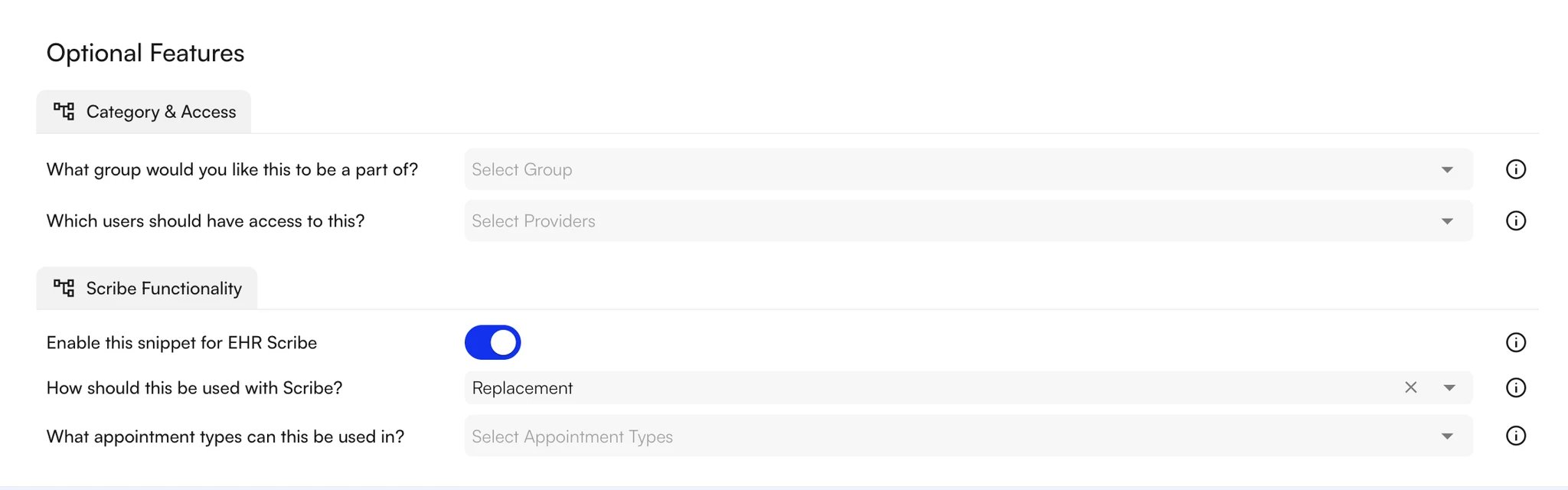 Optional Features, with the Category & Access and Scribe Functionality settings