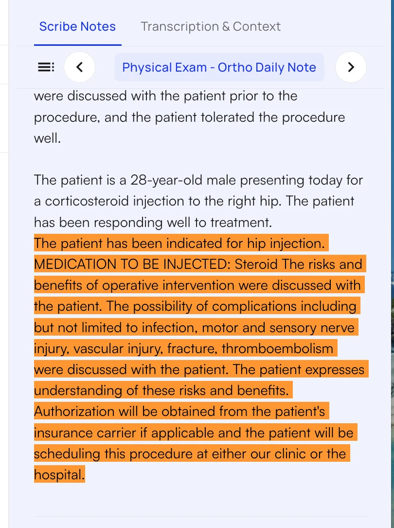 The Scribe Notes tab, with the snippet's procedure documentation highlighted in the physical exam section