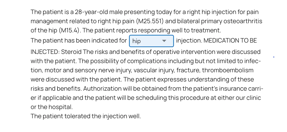 The procedure documentation in the visit note, with hip selected in the alternate word dropdown