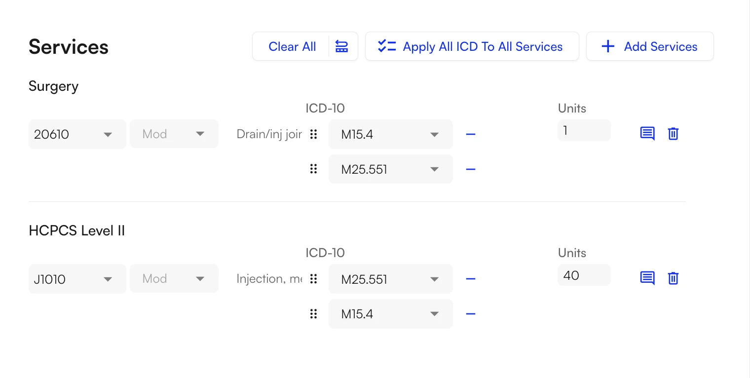 The Services section with CPT 20610 and HCPCS J1010, each linked to two ICD-10 codes