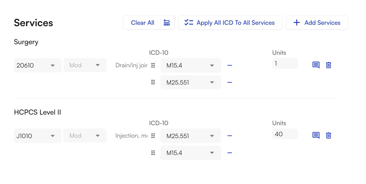The Services section with CPT 20610 and HCPCS J1010, each linked to two ICD-10 codes
