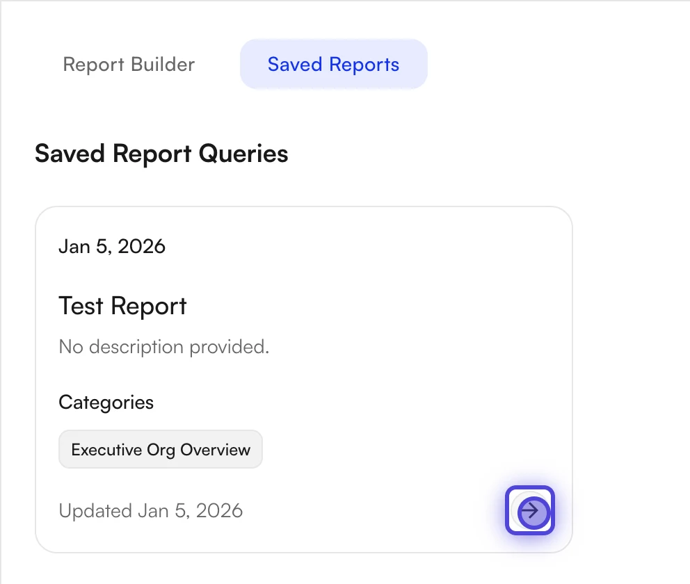 The Saved Reports tab showing a saved report card with its name, Categories tag, last updated date, and run arrow