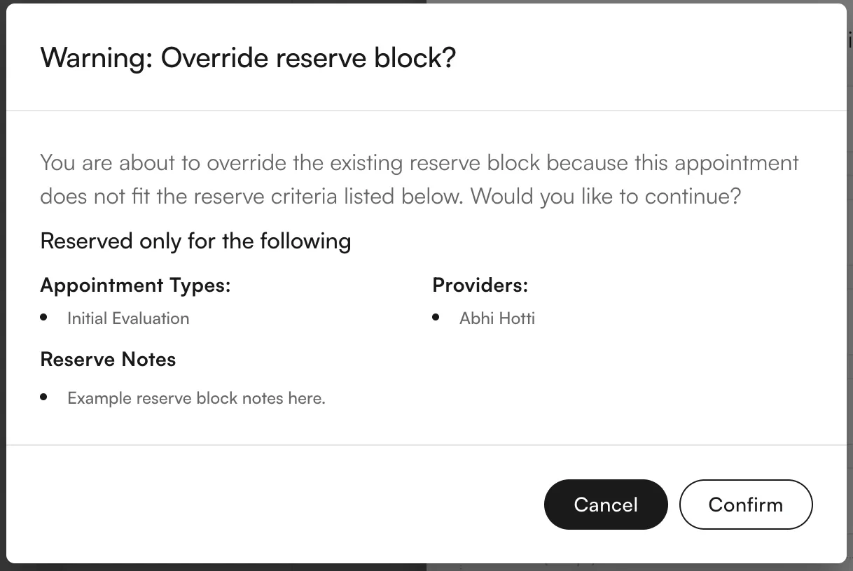 Reserve block override alert