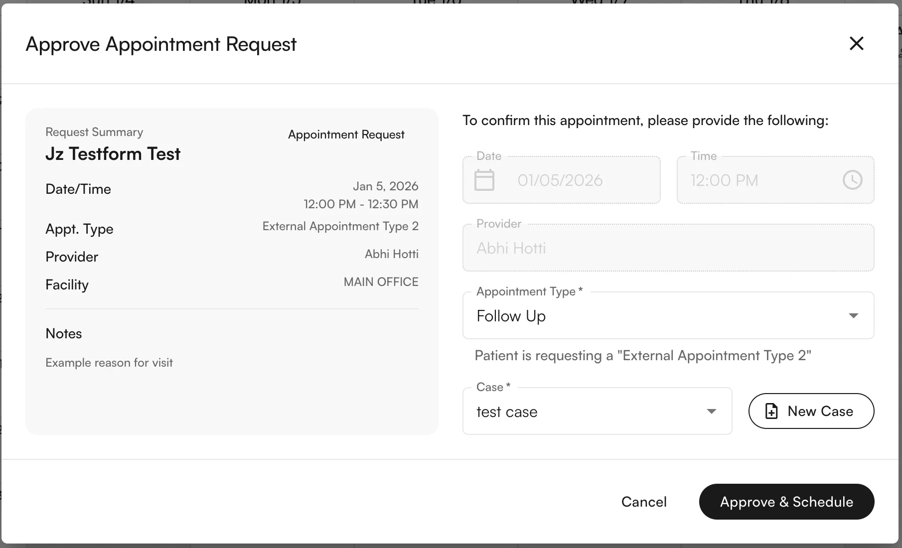 Approval screen with patient + external type
