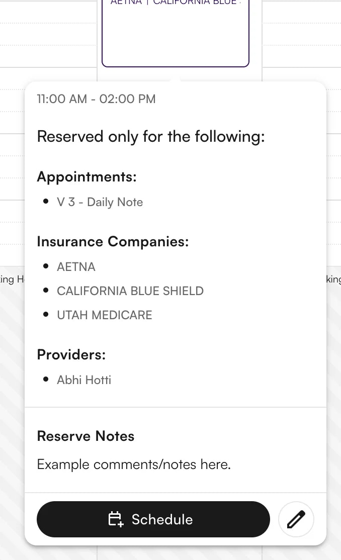 Reserve block hover detail