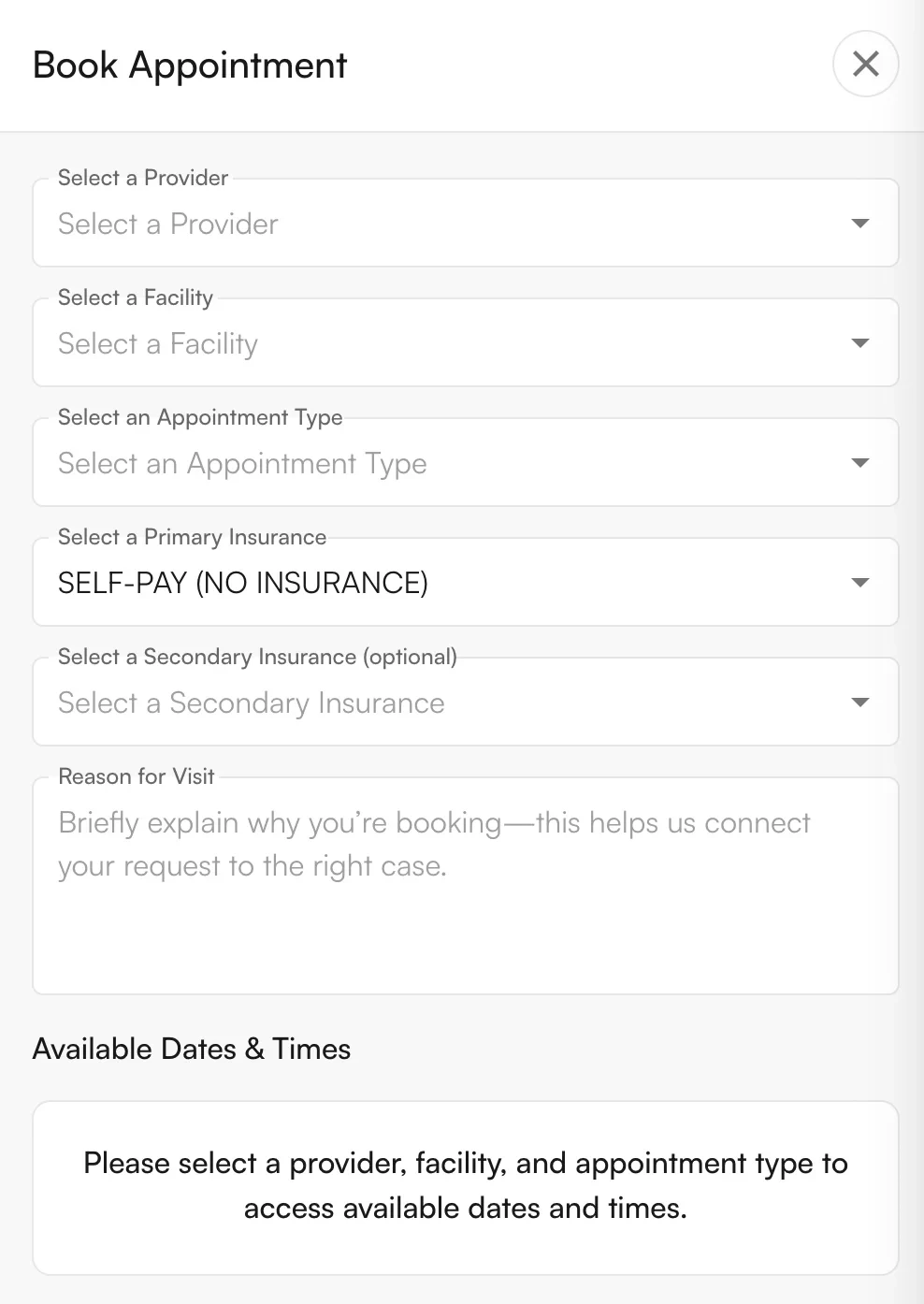 Patient selects provider, facility, appointment type