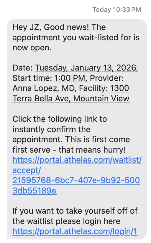 Waitlist offer — SMS Waitlist offer SMS