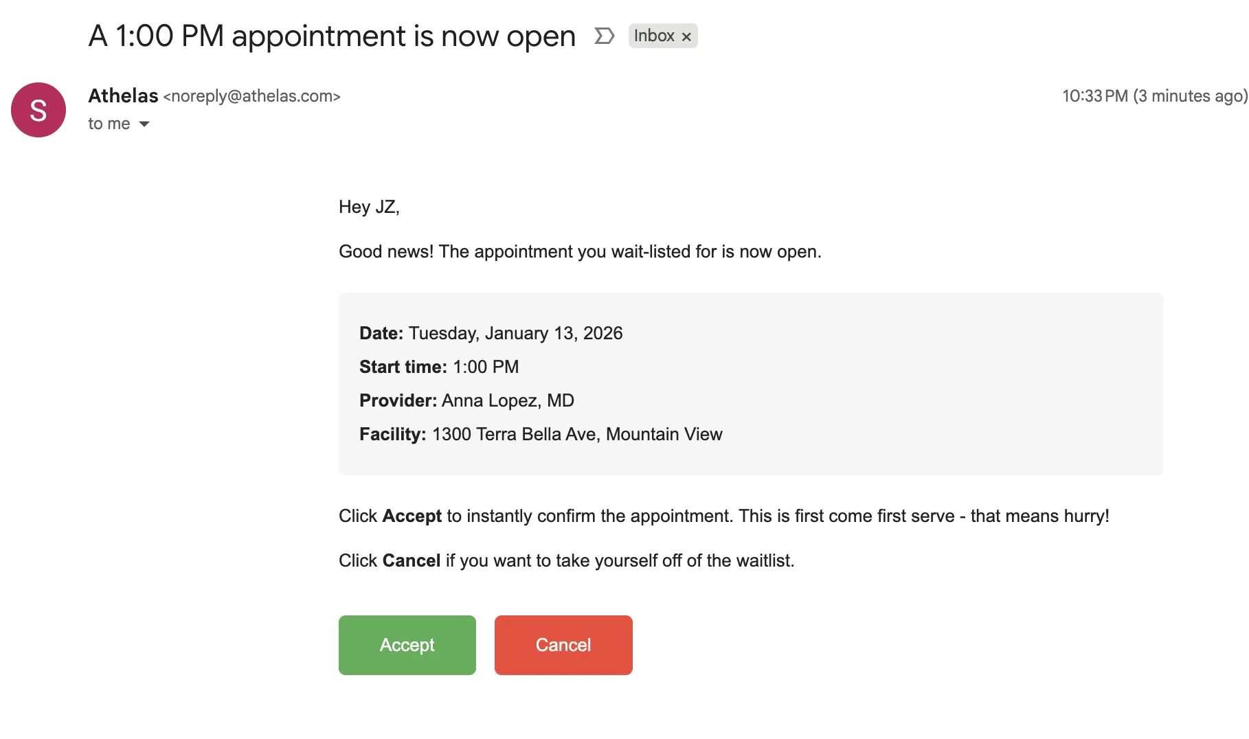Waitlist offer — email Waitlist offer email