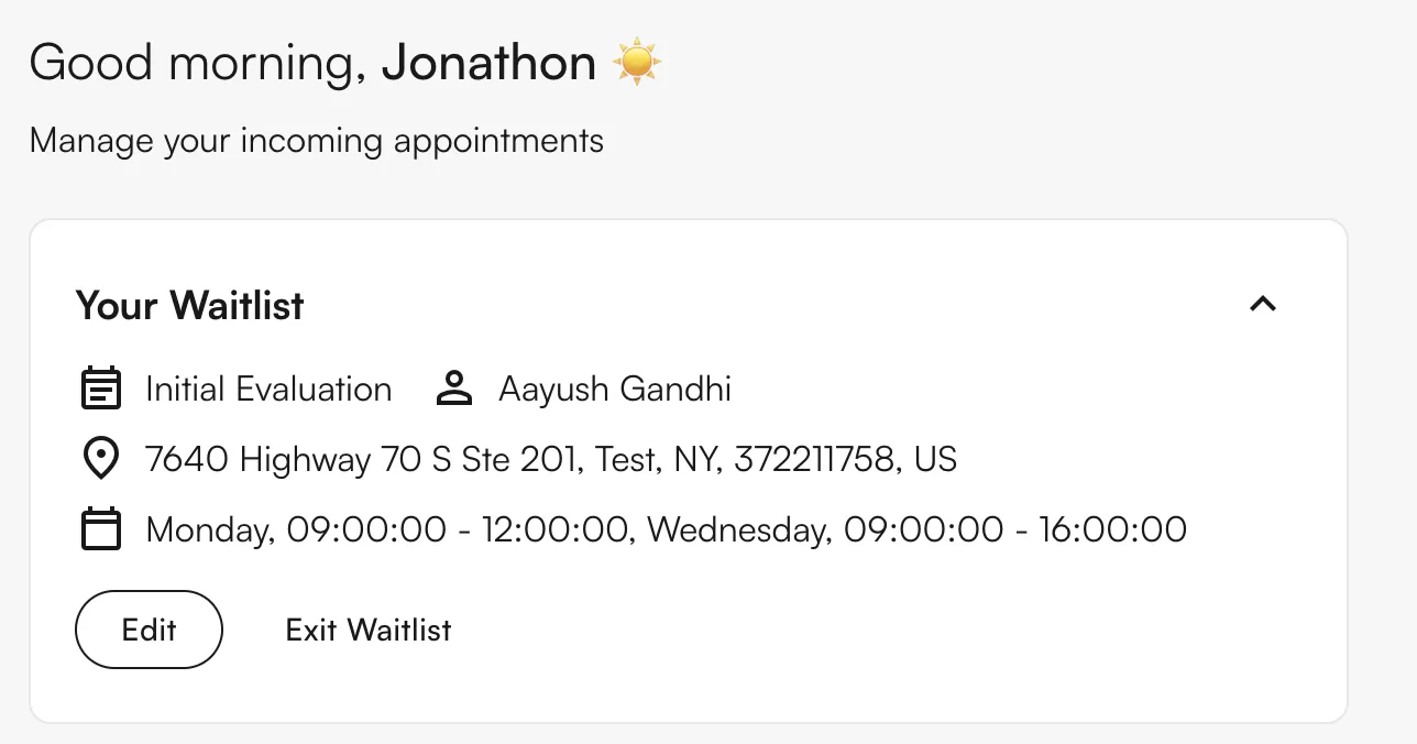 Waitlist entry window in patient portal
