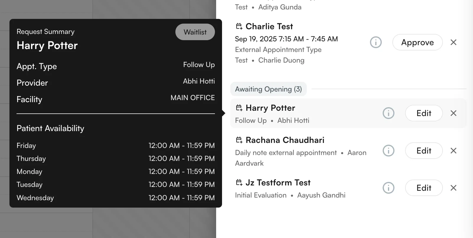 Hover icon reveals waitlist entry details