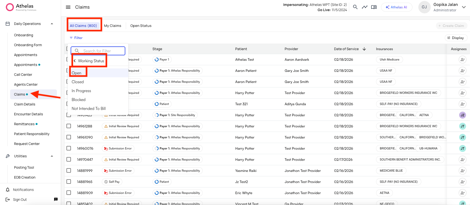 Claims Page filters example
