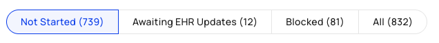 Denials Site Action Required sub-buckets: Not Started, Awaiting EHR Updates, Blocked