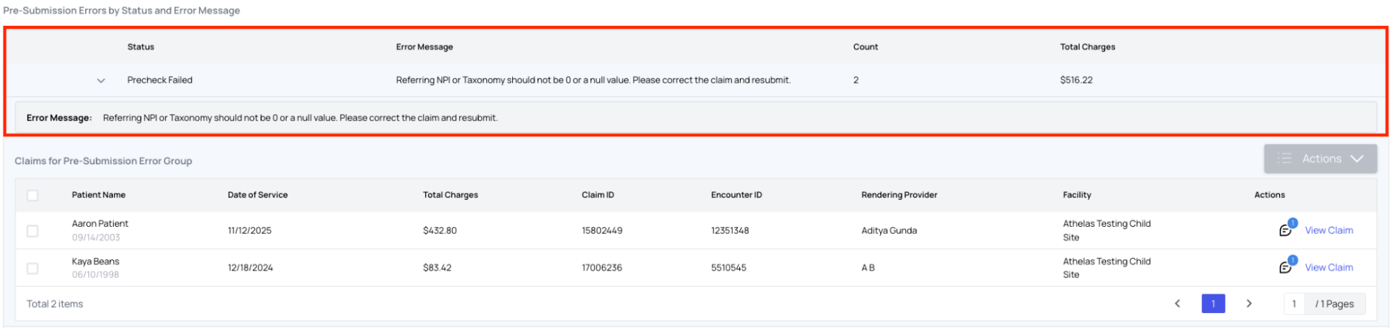 View claims with that error and open Actions