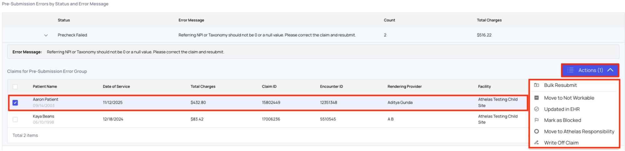 Mark the claim as Updated in EHR, Blocked, Not Workable, or Write Off