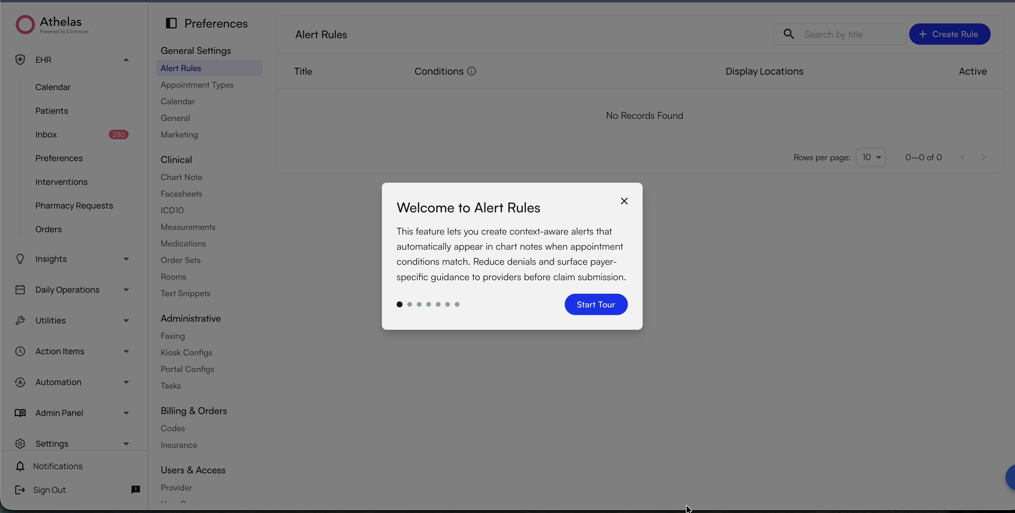 Alert Rules tab in EHR Preferences
