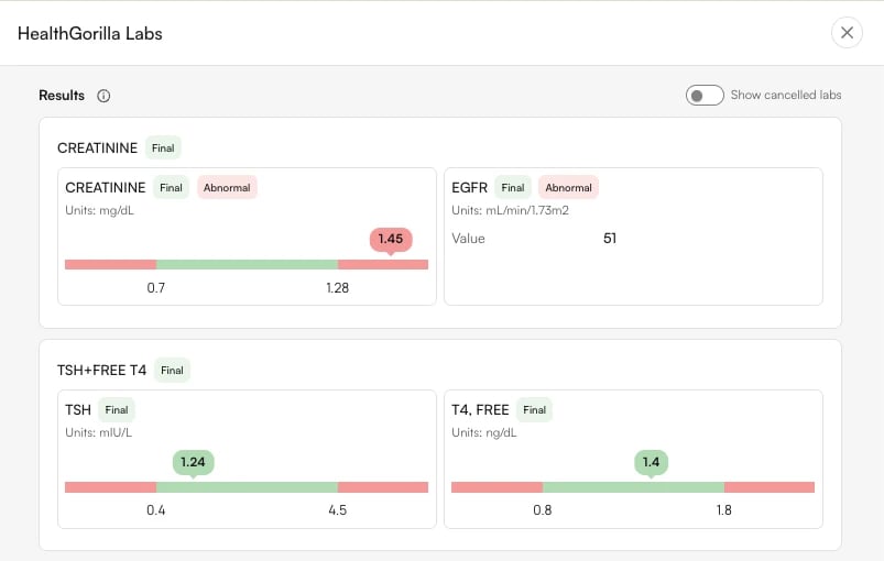 HealthGorilla Labs results drawer showing structured lab values with reference ranges and abnormal results highlighted