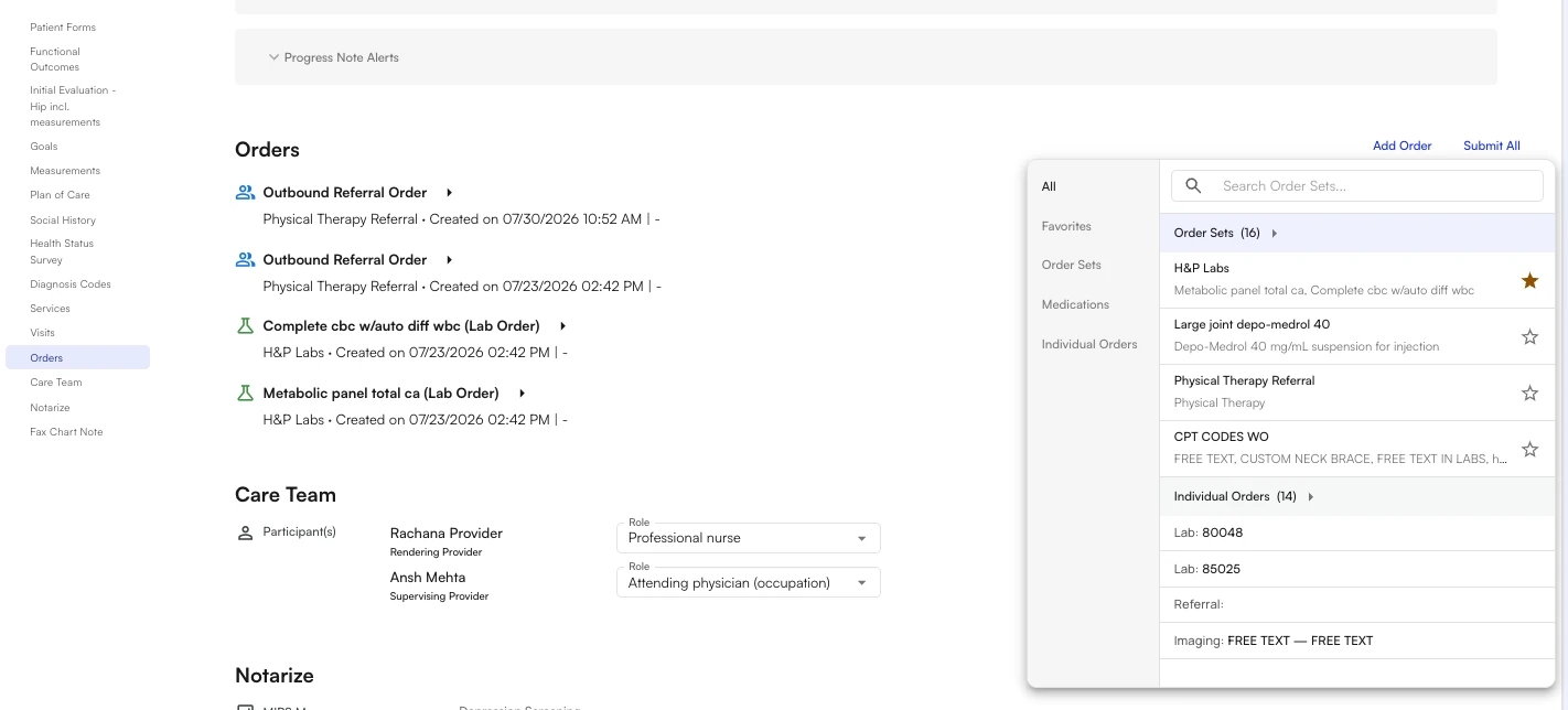 Visit note Orders section showing placed lab and referral orders alongside an Order Sets panel for adding new orders inline