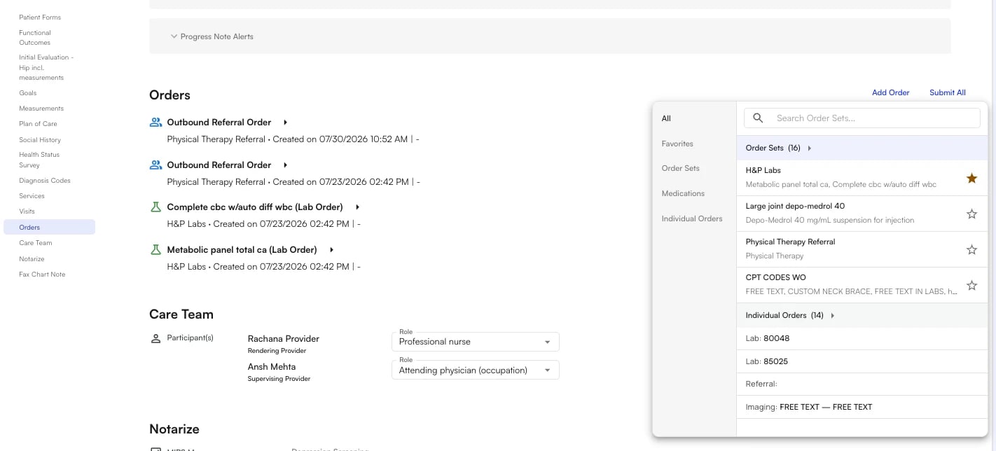 Visit note Orders section showing placed lab and referral orders alongside an Order Sets panel for adding new orders inline