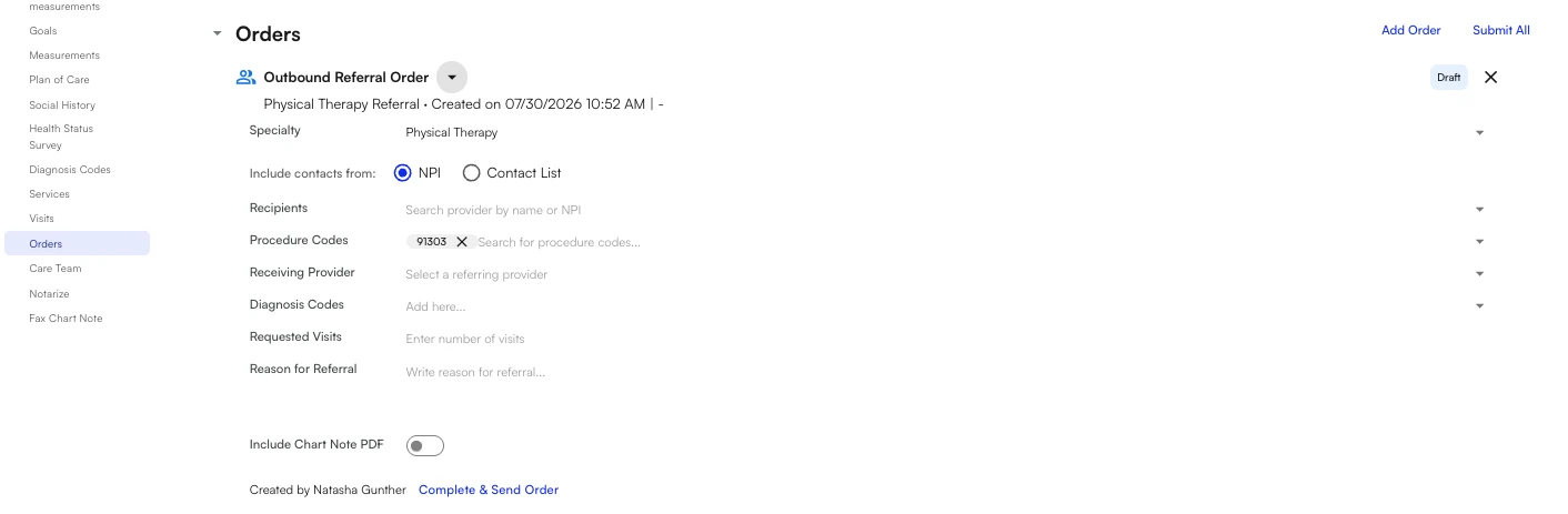 Outbound referral order expanded inline in the visit note, showing specialty, recipients, procedure codes, and reason for referral fields