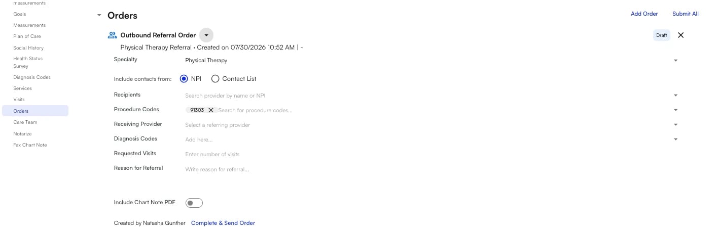 Outbound referral order expanded inline in the visit note, showing specialty, recipients, procedure codes, and reason for referral fields
