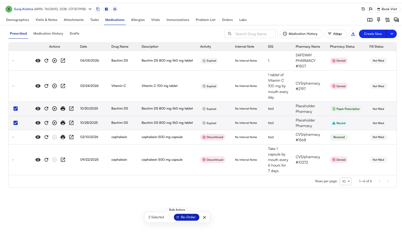 Medications list with two prescriptions selected and a bulk Re-Order action available at the bottom of the screen