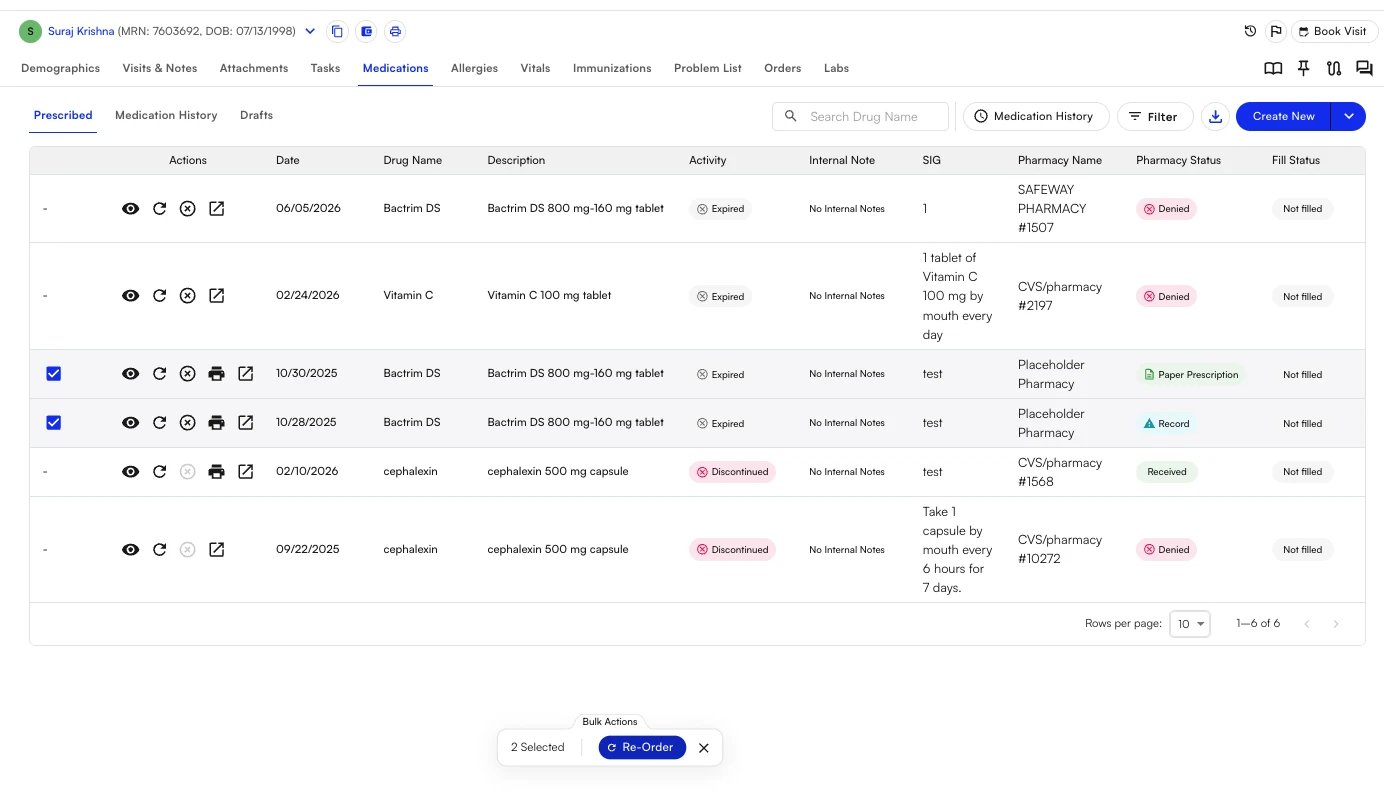 Medications list with two prescriptions selected and a bulk Re-Order action available at the bottom of the screen